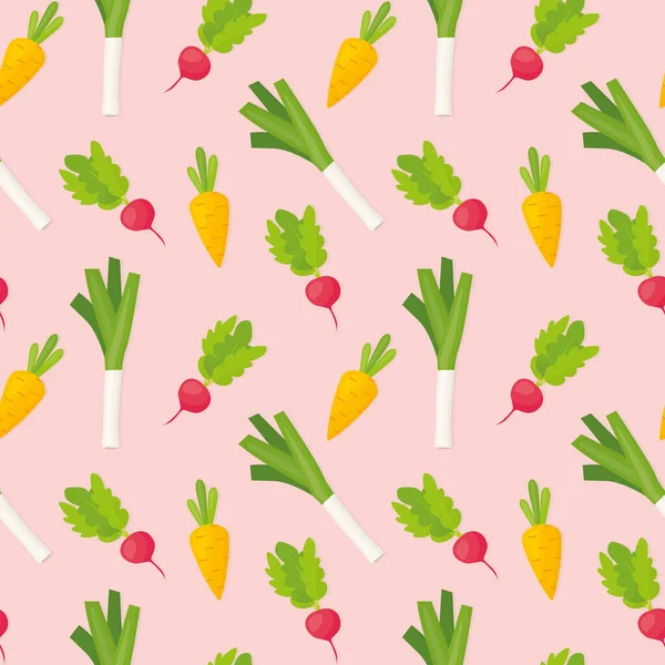 Sebzesiz şablon, turp, havuç ve pırasa üst görünüm bileşimi, sarma, tekstil, duvar kağıdı - vektör çizimi için harika