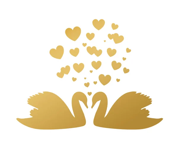 Goldenes Schwanenpaar Mit Herzen Symbol Der Ewigen Liebe Vektor Illustration — Stockvektor
