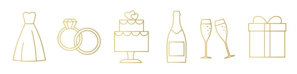 Set Golden Wedding Elements Dress Rings Cake Champagne Gift Vector — Archivo Imágenes Vectoriales