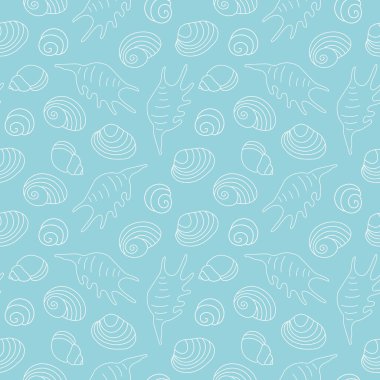 Deniz kabuklarının kusursuz yaz deseni, ambalaj, tekstil, duvar kâğıdı, tebrik kartları, vektör çizimleri için harika.