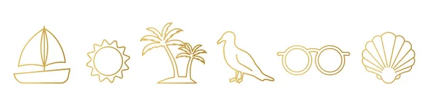 Set Summer Vacation Marine Icons Yacht Sun Palm Tree Seagull — Image vectorielle