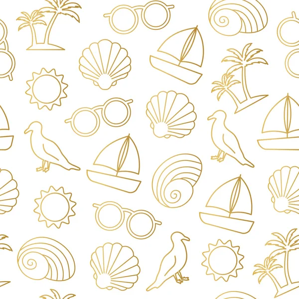 Deniz kabuğundan, yattan, martıdan, palmiye ağacından, gözlüklerden ve güneşten oluşan kusursuz bir yaz şablonu. Paketleme için harika, tekstil, duvar kağıdı, tebrik kartları.