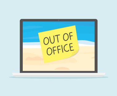 Kumlu kumsal manzarasıyla birlikte dizüstü bilgisayardaki yapışkan notta ekran koruyucusu, ücretli izin süresi illüstrasyonu- vektör çizimi