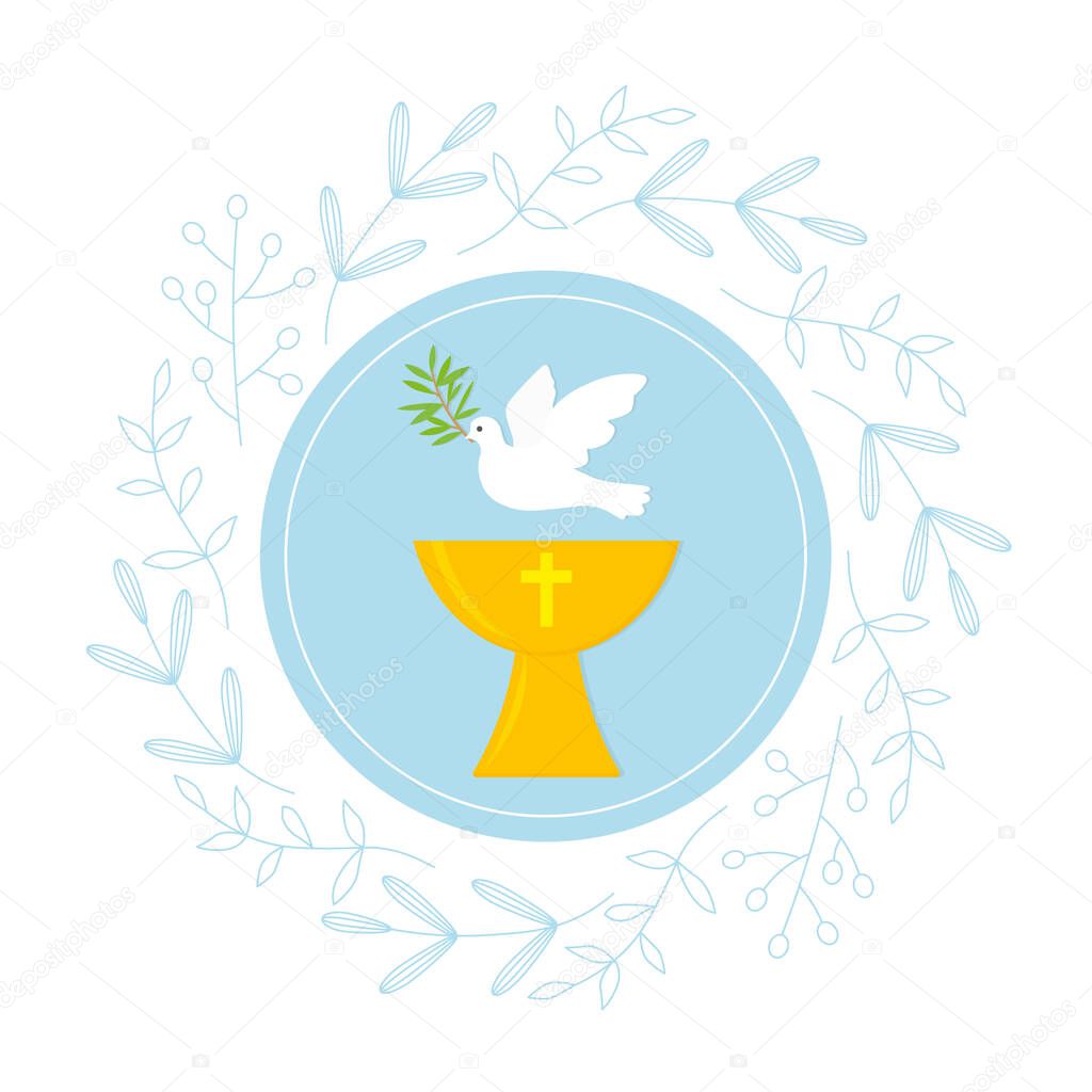 Baptism invitation design template with baptismal font, Holy Spirit symbol and floral wreath-vector illustration