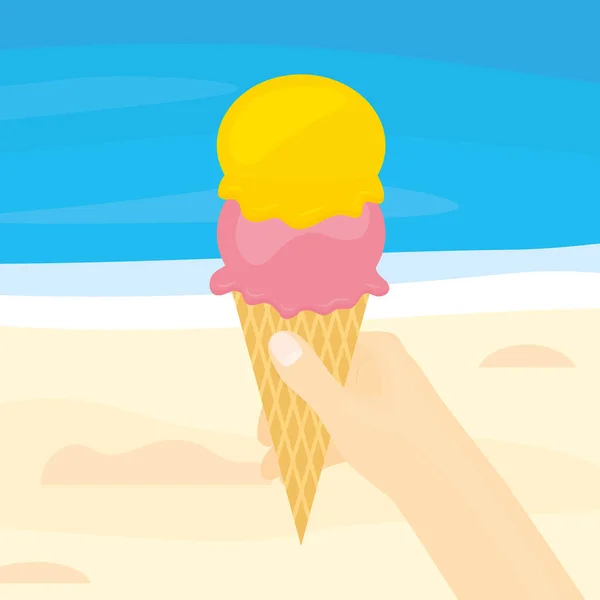 Hand Hält Eis Tropischen Strand Sommerurlaub Relax Konzept Vektor Illustration — Stockvektor