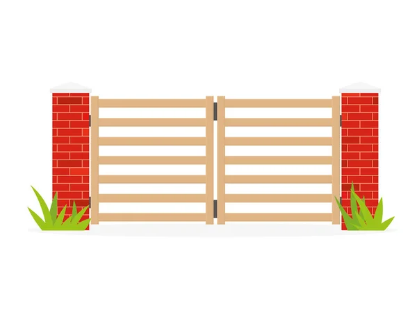 Wooden Gate Brick Columns Vector Illustration — Stock Vector