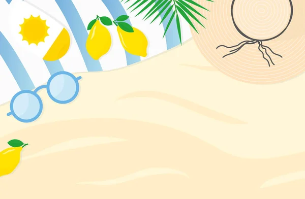 summer flat lay banner with straw hat, sun cream, lemons, palm leaf and sunglasses on the beach with copy space- vector illustration