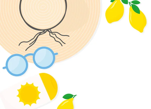 Banner Plano Verano Con Sombrero Paja Crema Solar Limones Gafas — Vector de stock