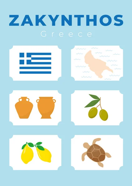 Poster Viaggio Dall Isola Zante Bandiera Greca Mappa Dell Isola — Vettoriale Stock