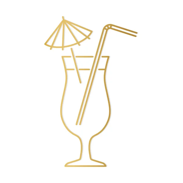 鸡尾酒 带雨伞的不含酒精饮料和草莓病媒图解的金色图标 — 图库矢量图片