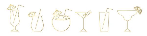 カクテル ジュース レモン オリーブとノンアルコール飲料の黄金の線のアイコンのセット ベクトル図 — ストックベクタ