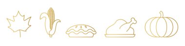 Altın Şükran Günü ikonu seti; akçaağaç yaprağı, mısır, elmalı turta, kızarmış hindi ve balkabağı - vektör illüstrasyonu