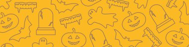 Halloween banner with grave, vampire jaws, ghost and pumpkin - vector illustration