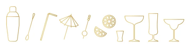 Set Golden Line Icons Bartending Accessories Shaker Stirrer Straw Umbrella — 图库矢量图片