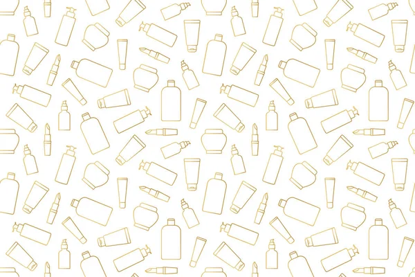 Golden Seamless Pattern Skin Care Lipstick Cosmetics Outline Icons Great — 图库矢量图片