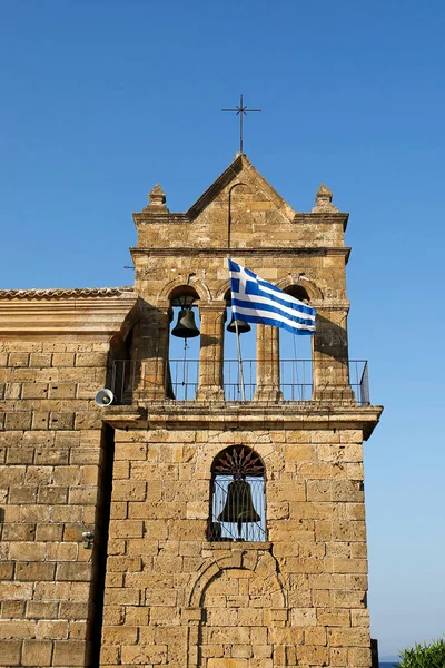 Belfry Greek Flag Orthodox Church Agios Nikolaos Capital Zakynthos Island — Fotografia de Stock