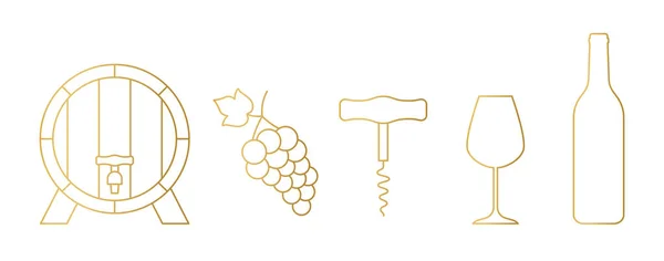 黄金のワインのアイコンのセット ブドウ コルクスクリュー ゴブレットとボトルと木製の樽 ベクトル図 — ストックベクタ