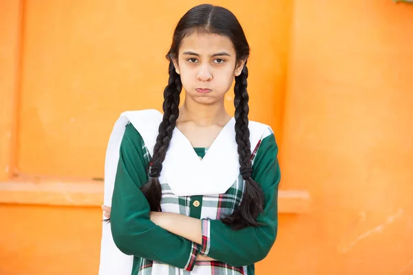 Portrait Upset Indian Braided Hair Young Girl Kid Brunette Unhappy — Stock Photo, Image