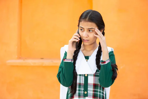Concern Indian Young Girl Talking Smart Phone Female Kid Sad Stock Picture
