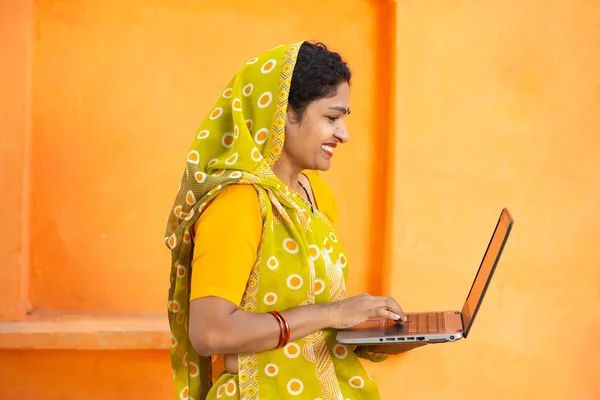 Young Indian Woman Wearing Sari Using Laptop Female Wearing Traditional Stock Photo