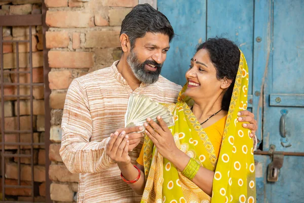 Happy Rural Couple Holding Indian Rupees Notes Smiling Beard Man Stock Photo