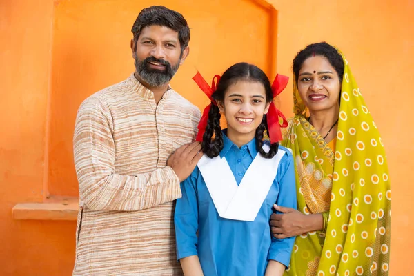 Portrait Happy Rural Indian Family Young Girl School Uniform Her Stock Photo