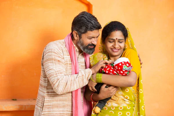 Portrait Happy Rural Indian Parents Newborn Baby Couple Father Mother Royalty Free Stock Images