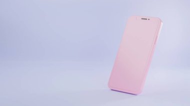 Akıllı telefon altın modeli pembe rengi, mavi arkaplanda izole edilmiş minimum cep telefonu, üç boyutlu resimleme