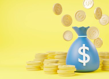 Dolar çantalı para çantası içinde dolar sikkeleri, tuval para çuvalları, iş ve finans, para çantası ve altın sikkeler sarı arka planda basit karikatür simgesi, 3D resimleme