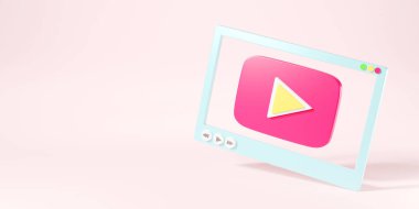 Pembe arkaplandaki sosyal medya şablonu veya mobil uygulamalar için video ortam oynatıcı ekran arayüzü, video görüntülerini çevrimiçi oynat, 3D görüntüleme