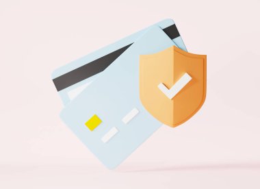 Kilit şekilli ikona sahip kredi kartı, Pembe arka planda kilitli banka kartı güvenli işlem koruması, Güvenli para ödeme çevrimiçi sistem işareti, grafik web ögeleri tasarımı, 3D resimleme