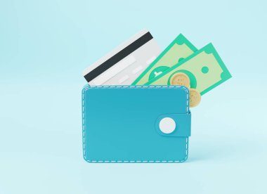 Mavi arkaplanda kredi kartları, bozuk paralar ve banknotlar içeren deri cüzdan, para tasarrufu konsepti, alışveriş çevrimiçi ödeme transferi, web elemanları tasarımı, 3D resimleme