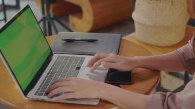 İş kadını tek başına oturmuş, kafeteryadaki dizüstü bilgisayarda klavyeyle yeşil ekranda yazı yazıyor, Freelancer 'lı kadın öğle yemeği sırasında müşterilerle iletişim kuruyor.