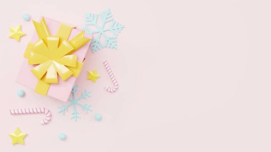 Mutlu Noeller ve Mutlu Yıllar, Koleksiyon gerçekçi hediye kutuları ve pembe arka planda dekoratif üst görünüm, Minimum dekoratif Noel, Kış tatili sezonu, 3D resimleme