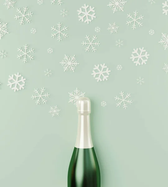 Щасливого Різдва Щасливого Нового Року Пляшка Шампань Білими Сніжинками Зеленому — стокове фото