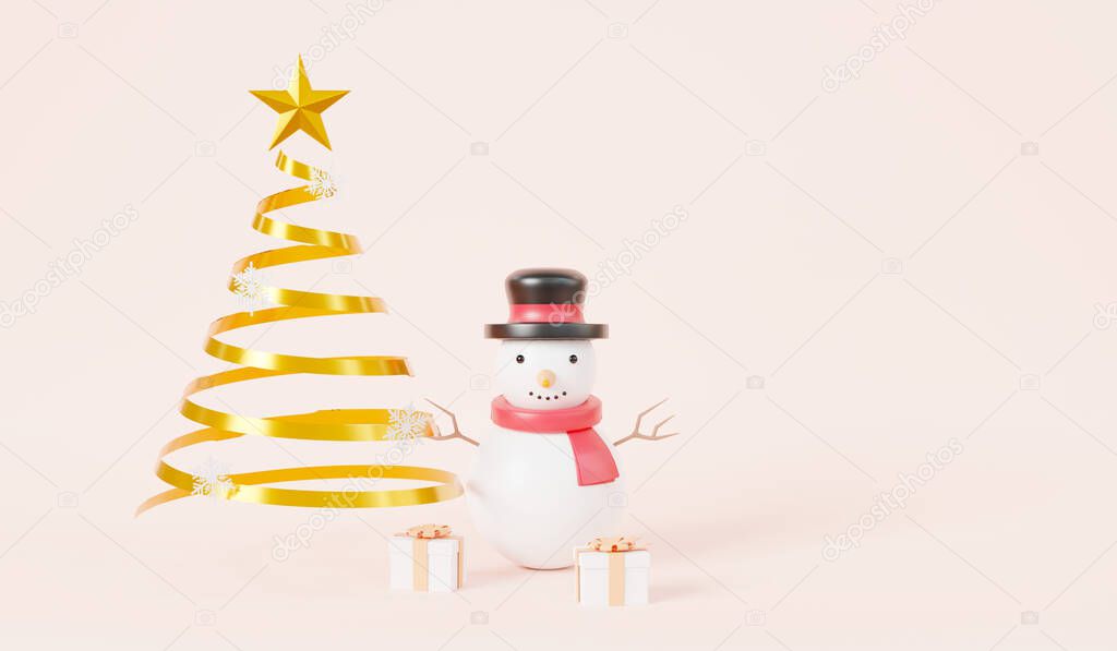 Christmas tree made of gold ribbon coil metallic, gift box and snowman cartoon on pink pastel background, New Year's and Xmas traditional symbol tree, Winter holiday icon, 3D rendering illustration