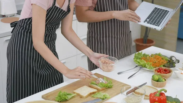 Happy Asian Beautiful Young Family Couple Husband Wife Cooking Food — Stock Photo, Image