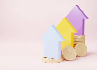 Çubuk grafik artışını ve pembe arkaplan üzerindeki bozuk para yığınlarını, finansal yatırım başarısını ve iş başarısının büyüme grafiklerini, grafik web elemanları tasarımını, 3D resimleme