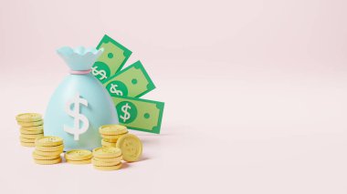 Yığınla bozuk para ve dolar banknot ikonu olan para çantası, para çantası tasarruf parası ya da pembe arka planda nakit çuvalı, mali gelir karı, 3D resimleme