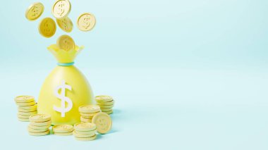 Yığınla madeni para dolu para çantası dolar ikonu, para çantası tasarruf parası ya da mavi arka planda nakit çuvalı, mali kazanç karı, 3D resimleme