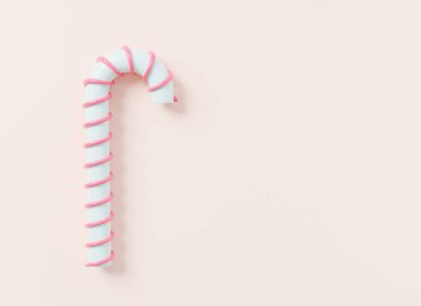 Pembe pastel arka planda çizgili gerçekçi Noel şeker kamışı süslemesi geleneksel Noel hediyesi Xmas dekorasyon grafik tasarım elementleri, 3 boyutlu resimleme