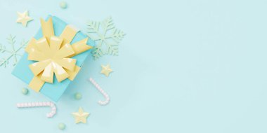 Mutlu Noeller ve Mutlu Yıllar, Koleksiyon gerçekçi hediye kutuları ve mavi arka planda dekoratif üst görünüm, Minimum dekoratif Noel, Kış tatili sezonu, 3D resimleme