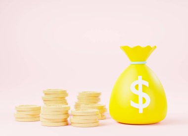 Dolar çantalı para çantası içinde dolar sikkeleri, tuval para çuvalları, iş ve finans, para çantası ve altın sikkeler pembe arka planda basit karikatür simgesi, 3D resimleme