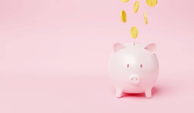 Para yağmuru altında kumbara pembe arka planda domuzcuğa düşüş, şişman domuz tasarrufu ya da para yatırımı para kutusu birikmesi, 3 boyutlu resimleme