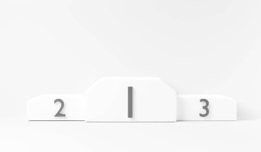 Beyaz kazananlar podyumu, beyaz arka planda ödül töreni için boş kaide, ödül töreni için sahne, 3D resimleme