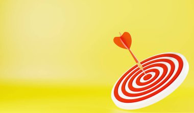 Dart oku hedef tahtasına isabet ediyor. Hedef, hedef tahtası. Amaç, sarı arka planda iş dünyası, uzman pazarlama stratejisi hedefi, nesnel hedef başarısı, 3D sunumu.