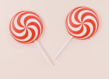 Gerçekçi Noel yuvarlak şekeri pembe pastel arka planda çizgili, süs şekeri yuvarlak geleneksel Noel hediyesi Xmas dekorasyon grafik tasarım elementleri, 3 boyutlu resimleme
