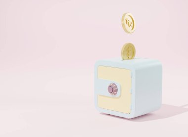 Pembe arka planda izometrik kasa içine koyulan madeni paralar, mali güvenlik ve tasarruf konsepti, çevrimiçi iş dijital güvenlik bankacılığı, 3D resimleme