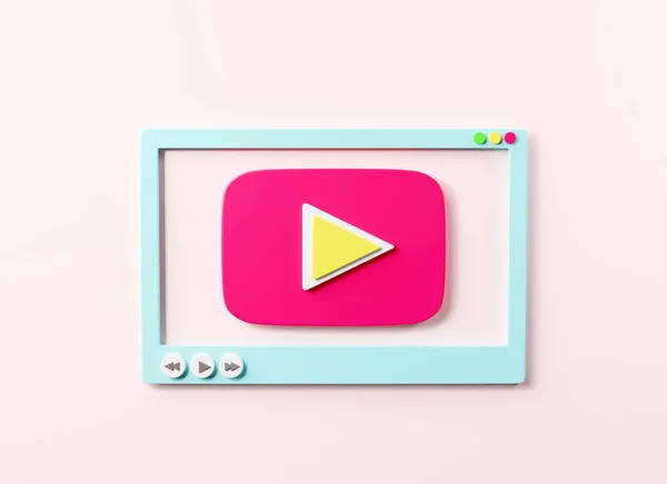 ピンクの背景にWebやモバイルアプリのためのソーシャルメディアテンプレートのためのビデオメディアプレーヤー画面インターフェイス 映画のビデオを再生オンラインモックアップ 3Dレンダリングイラスト — ストック写真