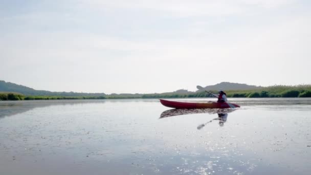 Indietro Giovane Donna Adulta Pagaiare Canoa Kayak Lago Nella Giornata — Video Stock